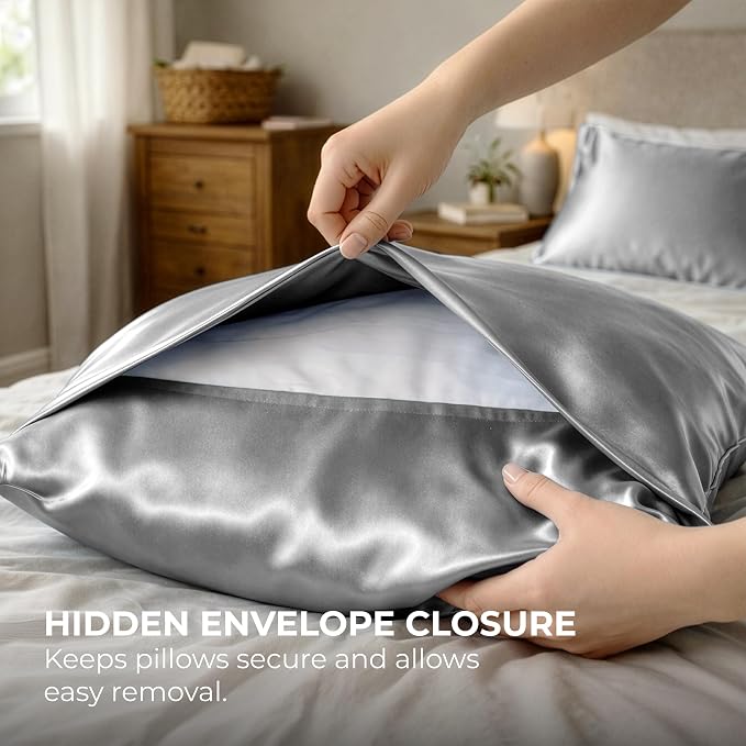 Satin Pillowcase 2 Pack - Queen Size (20"x30", Grey) - Silky Pillow Cases for Hair and Skin - Satin Pillow Covers with Envelope Closure - Extra Soft Premium Microfiber