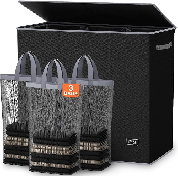 SOLEDI Large Laundry hamper 3 Section with Laundry Bag, XL Clothes Basket | 3-Section Large capacity Laundry Sorter with Odor-Blocking Lid, Robust Iron Frame & Waterproof 600D Fabric, 3 Washable Bags