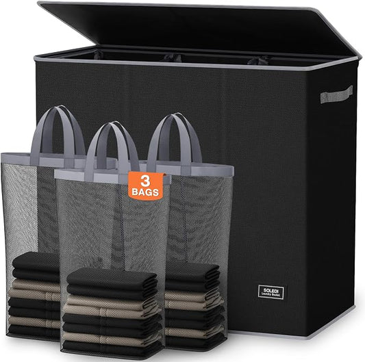 SOLEDI Large Laundry hamper 3 Section with Laundry Bag, XL Clothes Basket | 3-Section Large capacity Laundry Sorter with Odor-Blocking Lid, Robust Iron Frame & Waterproof 600D Fabric, 3 Washable Bags