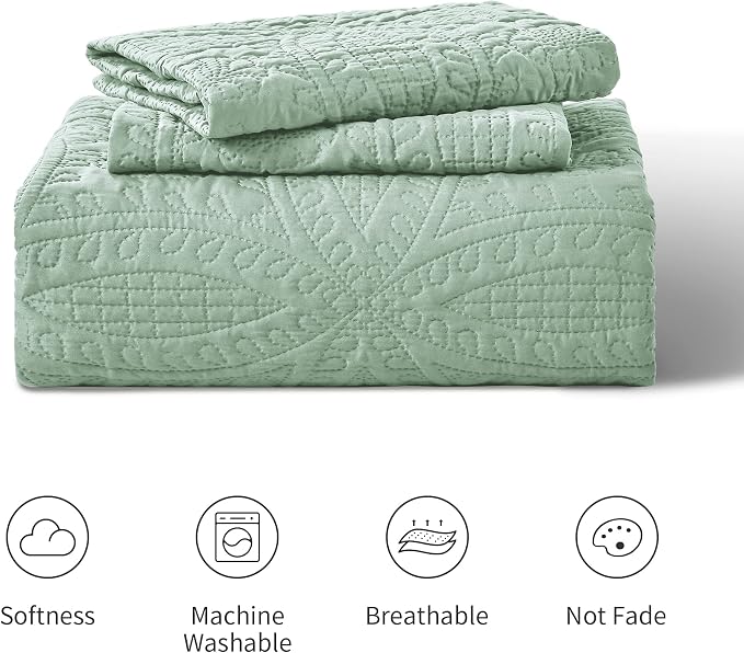 Love's cabin Oversized King Size Quilt Bedding Set Sage Bedspreads - Oversized King Lightweight Bedspread Comforter - Coin Pattern Coverlet for All Season - 3 Pieces (1 Quilt, 2 Pillow Shams)