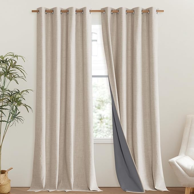 NICETOWN 100% Blackout Cream Linen Curtains 95 inches Length for Dining Room, 2 Panels Set, 52" Wide, Farmhouse Style Room Cooling Window Draperies with Thermal Insulated Liners