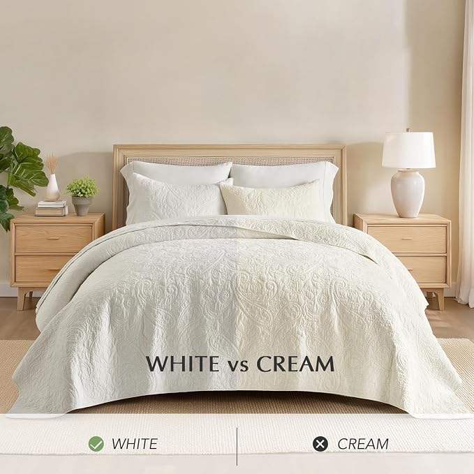 EVERGRACEHOME 100% Cotton Paisley Quilt Set, King Size, Bright White | Prewashed for Softness, Year-Round Breathability, Gift-Ready Box, Matelasse-style Quilted Coverlet, 3 Piece Set with 2 Shams