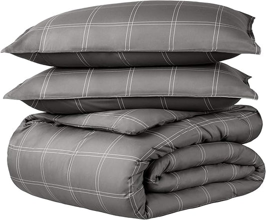 Bare Home Duvet Cover Set 1800 Ultra-Soft (Full, Modern Plaid - Grey/White) | Lightweight, Cooling, Breathable, Premium 1800 Ultra-Soft, All-Season