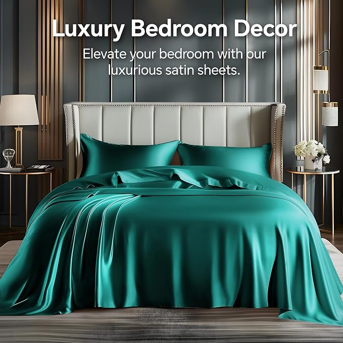 BEDELITE Satin Sheets Queen Size Bed Set, Teal, 4 Pieces | Luxury Silky Bed Sheets, 15 Inch Deep Pocket, Similar to Silk, Soft and Cooling, Reduces Friction, Gentle on Hair and Skin