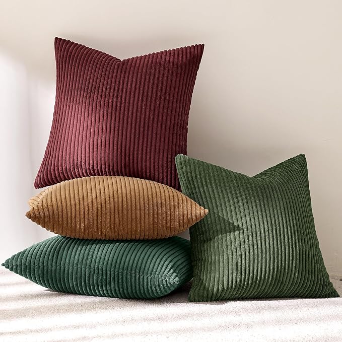 MIULEE Soft Corduroy Decorative Throw Pillow Covers Christmas Green 22x22 | Set of 4, Mordern Nordic Christmas Decor, Green Red Accent Set, Boho Farmhouse Cushion Covers for Couch Bed Sofa Living Room