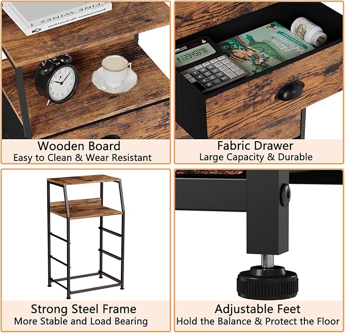 Furnulem Nightstand with 3 Fabric Drawers, Small Bedroom Storage Cabinet | Rustic Brown Dorm Night Stand, Small Dresser Organizer Storage Tower for Closet,Living Room, Bedside Table with Metal Frame