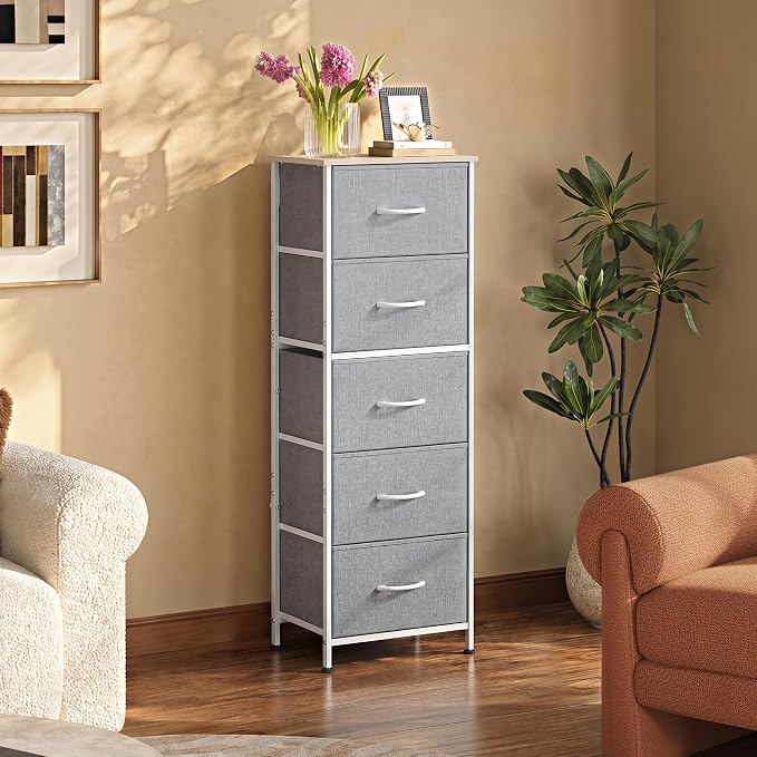 WLIVE Tall Dresser for Bedroom, 5 Drawer Dresser, Light Grey | 5 vertical fabric drawers, Tall vertical design, Bedroom or closet use, Dresser for small spaces, Chest of drawers