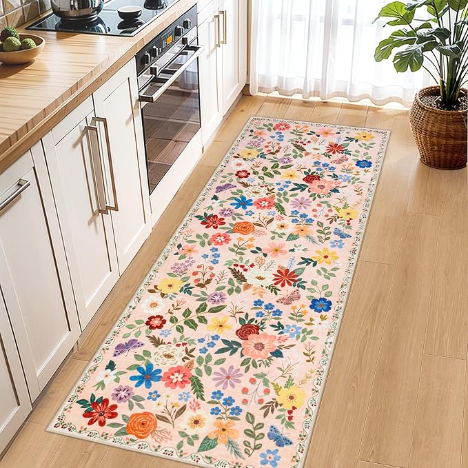 PLHXFR 2x6 Washable Runner Rug：Floral Indoor Kitchen Soft Carpet Beige | For Hallway Bedroom Kitchen Laundry Bathroom Dorm,Vintage Floral,Machine washable,Non Slip,Stain Resistant,Indoor Floor