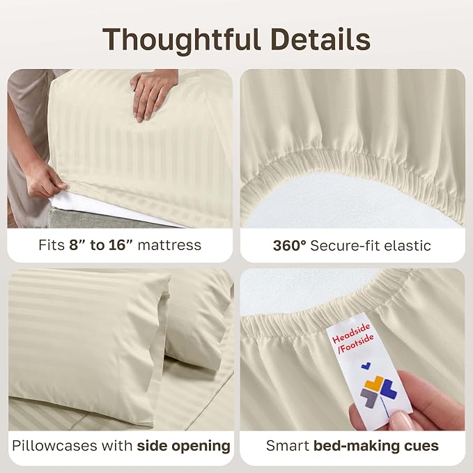 California Design Den Softest 100% Cotton Sateen King Bed Sheets Set, Ivory | 500 Thread Count Backed by Good Housekeeping Seal, 16" Deep Pocket, All-Around Elastic, Durable, Easy Care - Ivory Striped