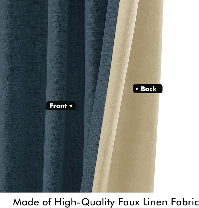 MIULEE 100% Blackout Linen Curtains 42 x 90 Inch Navy Blue 2 Panels | Thermal Insulated, Room Darkening Drapes for Bedroom Living Room, Back Tab Rod Pocket Pinch Pleated, Solid Luxury Decor