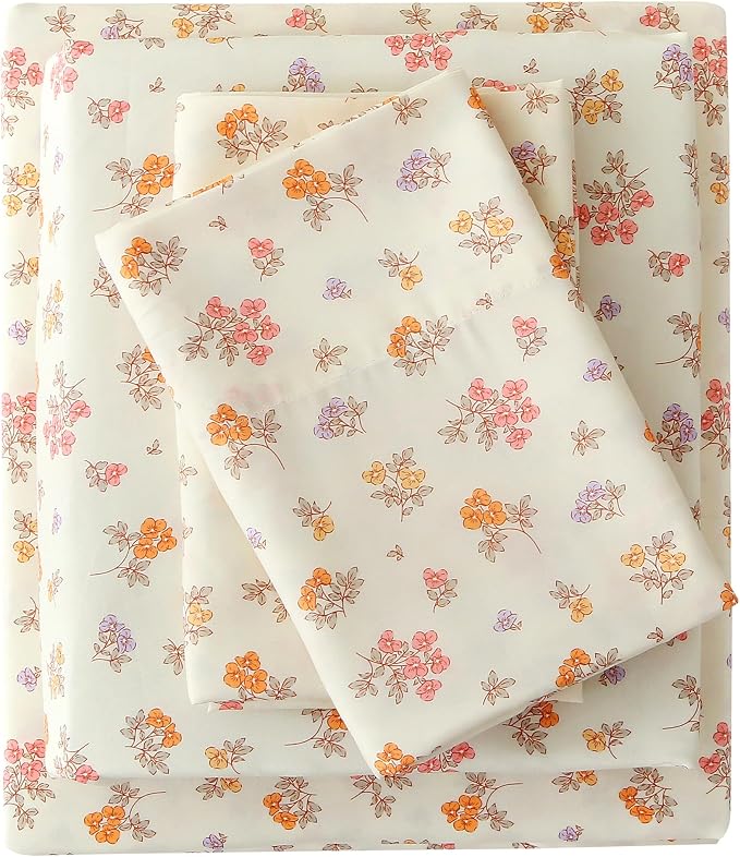 Viviland Floral King Sheet Set - 4 Piece Vintage Lavender Flower and Leaves Patterned Bed Sheets - Soft, Breathable Microfiber Sheets with Deep Pocket, Non-Slip Fitted Sheets & Pillowcases