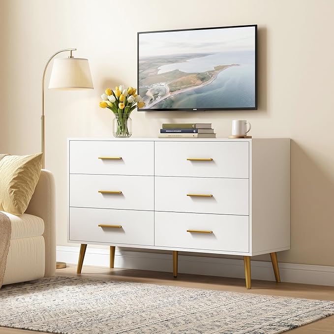 White 6 Drawer Dresser for Bedroom, 47" Wood Dresser with Gold Handles. | Modern Dressers & Chests of Drawers for Living Room, Hallway, Entryway.