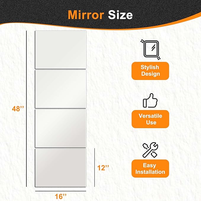 Wall Mirror Full Length, Glass, 16x12'' - 4PCS | Mirror Tiles, Full Body Mirrors for Home Gym, Over The Door, Entryway, Living Room, Bedroom