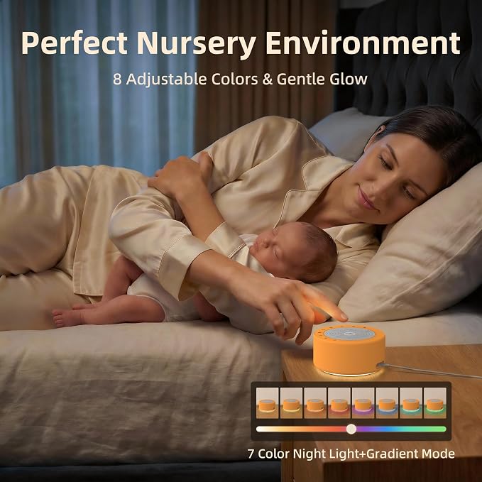 Kipcush White Noise Machine for Baby & Adults, 30 Soothing Sounds, Soft Non-Glare Nursery Lamp, 8 Color Night Lights, Memory Function (Angel V3 Orange, Standard)