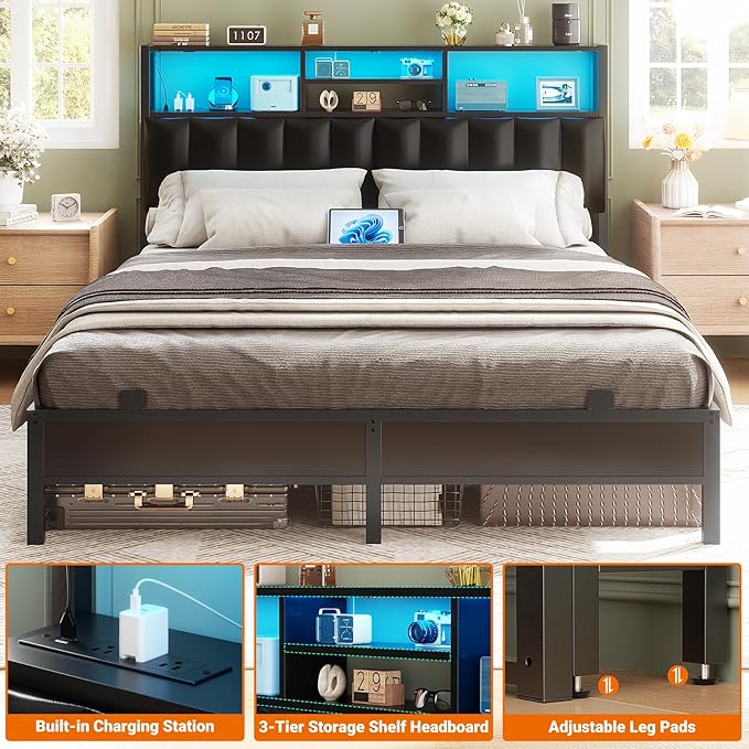 Aheaplus Headboard for Queen Size Bed with Storage, Upholstered Headboards | with Outlets, USB Ports and LED Light, Reversible Queen Size Head Board, Height Adjustable, Comfortable Headboard, Black