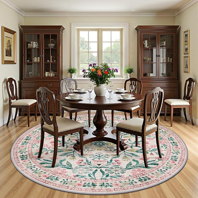 PLHXFR Round Area Rug Living Room: 8 ft Floral Washable Carpet Pink Green | For Bedroom Dining Room Farmhouse Nursery Hallway,Vintage Floral,Machine washable,Non Slip,Stain Resistant,Large Indoor