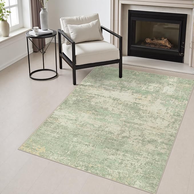 Area Rug Living Room: 3x5 Modern Washable Soft Carpet Green Cream | For Hallway, Bedroom, Kitchen, Laundry, Bathroom,Door Mat,Modern Abstract,Machine washable,Non-Slip,Stain Resistant,Indoor