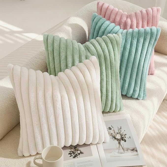 decorUhome Fall Faux Fur Throw Pillow Covers 20x20 Set of 2 Aqua | Decorative Soft Cozy Striped Plush Modern Farmhouse Boho Couch Pillow Cases Velvet Back for Sofa Bed Living Room Home Decor