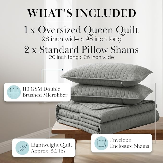 Southshore Fine Living, Inc. Summer Bedspreads Queen Size Quilts with Shams, Full Bedding Set, Quilt Coverlet Queen Size, Full Bedspread with 2 Pillow Shams, Summer Bedding Sets, Steel Grey Quilt