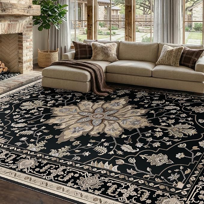 RELEANY Washable Area Rug, 8'x10', Black/Neutral | Non-Slip, Water Repellent, Pet Friendly, Easy to Clean, Vintage Floral Boho Decor for Living Room Bedroom Dining Room