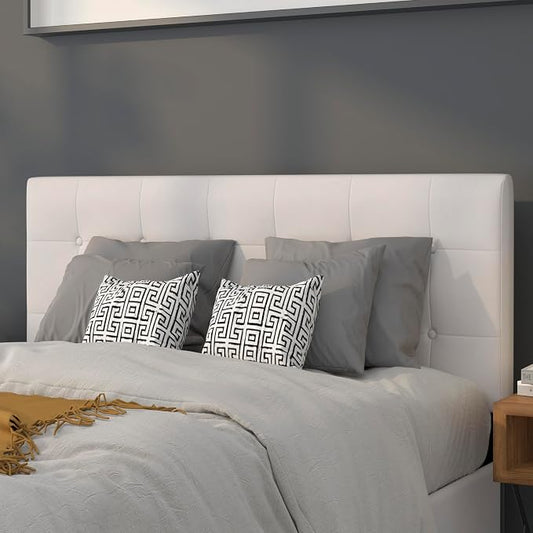 EMMA + OLIVER White Full Button Tufted Headboard | Adjustable Bed Rail Slots, Vinyl Upholstered
