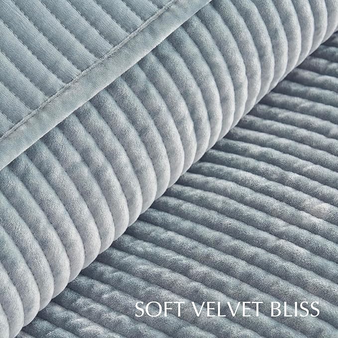 Striped Channel Velvet Quilt Set, King Size, Blue Linen | Luxurious Soft Lightweight Velvet Comforter, Oversized Bedspread Coverlet, Quilted Bedding Set for All Season, with 2 Shams