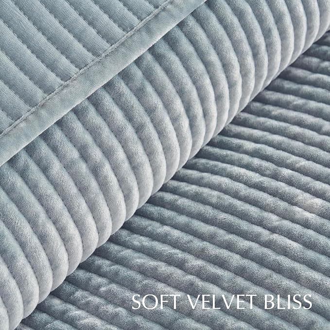 EverGrace Striped Channel Velvet Quilt Set, Queen Size, Blue Linen | Luxurious Soft Lightweight Velvet Comforter, Oversized Bedspread Coverlet, Quilted Bedding Set for All Season, with 2 Shams
