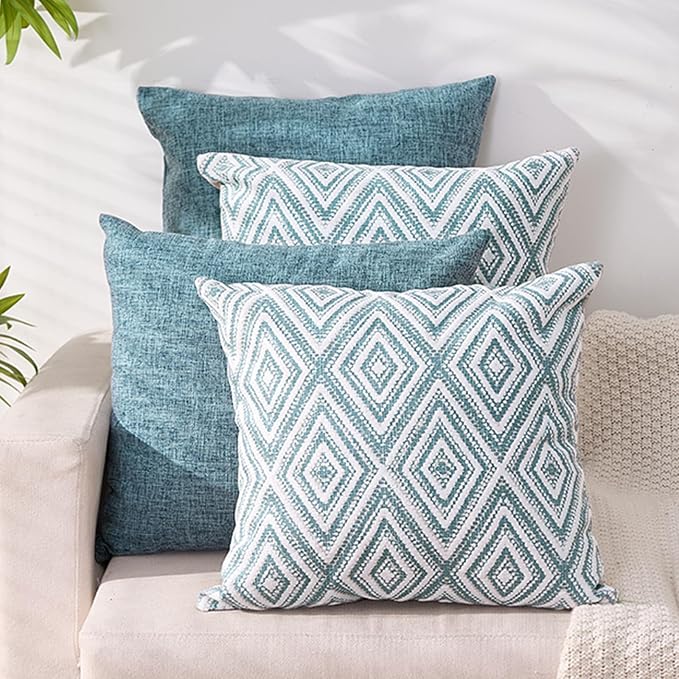 HPUK Throw Pillow Covers 18x18, Set of 4, Blue Textured Couch Pillow Covers | Polyester fabric, patterned and solid designs, hidden zippers, machine washable, for sofas and beds, inserts not included
