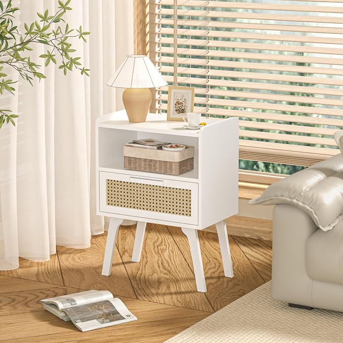 Lerliuo Rattan Nightstands Set of 2, Bedside Table with Drawer Open Shelf | Cane Accent Side End Table with Solid Wood Legs, White Mid Century Night Stand for Bedroom, Dorm and Small Spaces