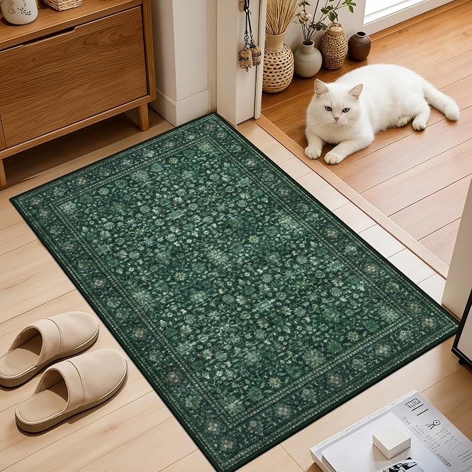 2x3 Area Rugs Living Room: Washable Rug for Bedroom Deep Green | Boho No Slip Stain Resistant Rug Soft Indoor Decor Floor Floral 2x3 Area Rugs for Dining Room, Nursery, Hallway, Home Office