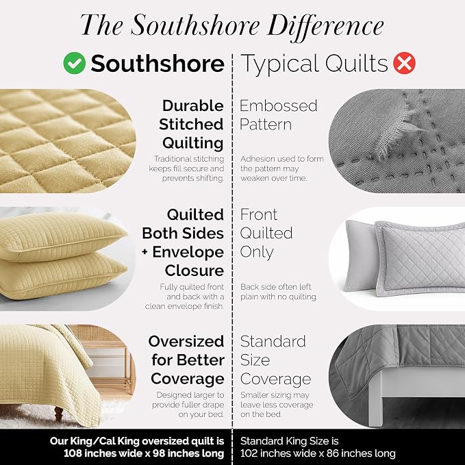 Southshore Fine Living, Inc. King Quilt Bedding Set, Soft, Lightweight Quilt, King Size Coverlet Sets with Shams, Pet Hair Resistant Bedding, Quilted Bedspread with 2 Pillow Shams, Gold Quilts