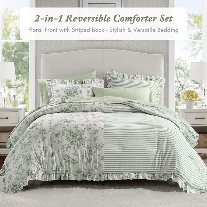 Madison Park Essentials Green Floral Comforter Set with Sheets Full,7pc | Vintage, Ruffle Bed in a Bag, Reversible, Elegant Bedding Set, All Season, Machine Washable, Wrinkle Resistant, Ultra Soft
