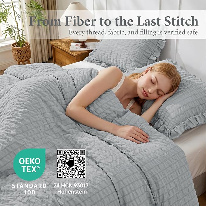 JOLLYVOGUE Light Grey Queen Comforter Set, 3 Pieces Seersucker Comforters Queen Size, Lightweight & Fluffy Bedding Sets Queen for All Season with 1 Ruffle Comforter and 2 Ruffle Pillowshams