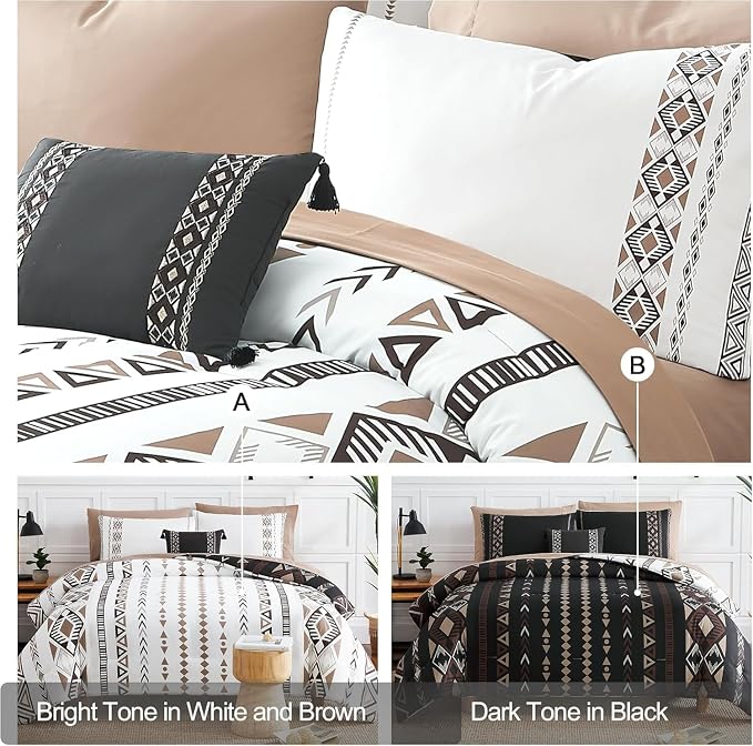 Super King Plus Comforter Set - 7 Pieces Boho Bed in a Bag Western Bedding | Reversible Bedding, All Season Aztec Bed Set with Comforter, Sheets, Pillowcases & Shams, Brown