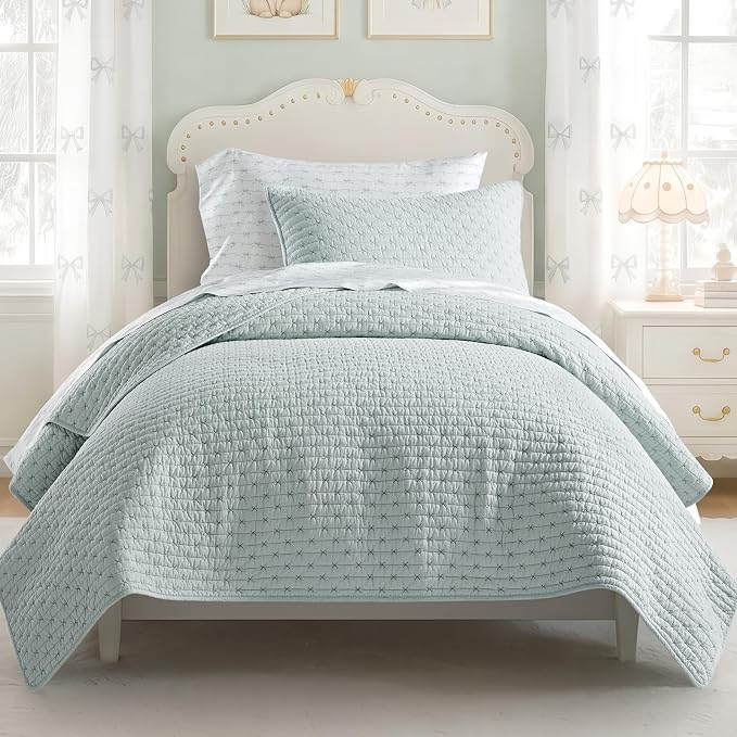 100% Cotton Cross Stitch Quilt Set, Twin, Seafoam Aqua | 100% Cotton, Elegant Cross Stitch, Soft & Breathable, Prewashed Softness, Oversized Design, OEKO-TEX® Certified
