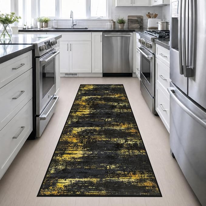 3x10 Washable Runner Rug：Modern Abstract Soft Carpet Black Gold | For Hallway, Bedroom, Kitchen, Laundry, Bathroom,Door Mat,Modern Abstract,Machine washable,Non-Slip,Stain Resistant,Indoor