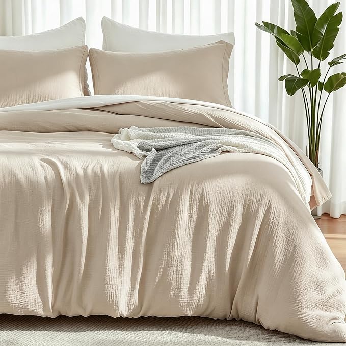 EMME Muslin Cotton Duvet Cover Set King Size Linen Like Soft Breathable Lightweight Summer Comforter Cover Set with Zipper Closure (King, 104"x90")