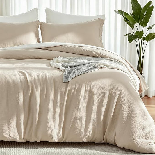 EMME Muslin Cotton Duvet Cover Set King Size Linen Like Soft Breathable Lightweight Summer Comforter Cover Set with Zipper Closure (King, 104"x90")