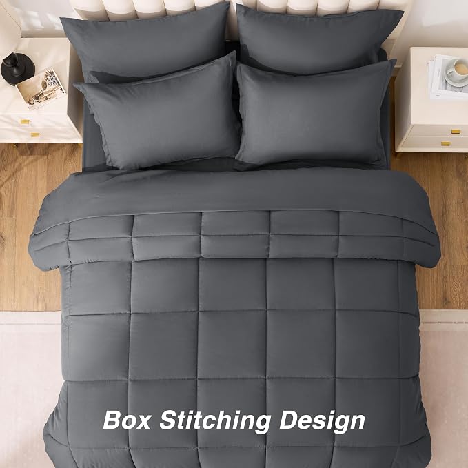 Love's cabin Queen Comforter Set Soot Grey, 7 Pieces Queen Bed in a Bag, All Season Bedding Sets with 1 Comforter, 1 Flat Sheet, 1 Fitted Sheet, 2 Pillowcase and 2 Pillow Sham