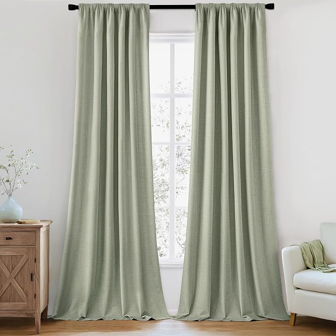 MIULEE 100% Blackout Back Tab Pleat Linen Curtains 50" Wx108 L,Sage Green | 2 Panels,Thick Faux Linen,Textured Drapes,with Hooks,for Bedroom Living Room,Black Out,Room Darkening
