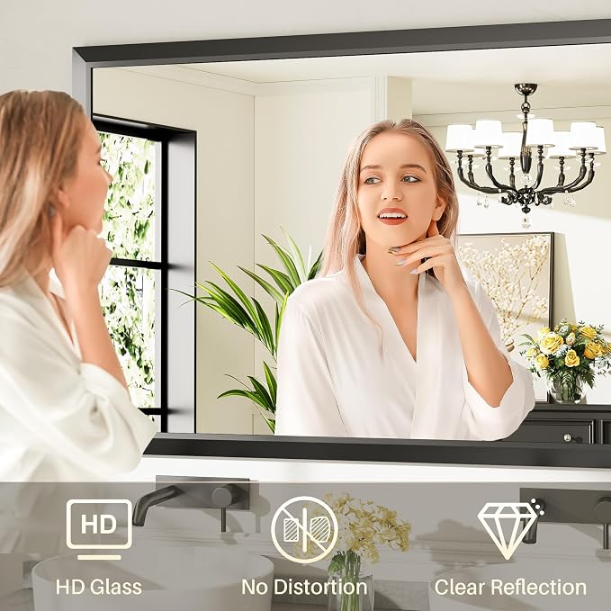 Black Metal Framed Bathroom Wall Mirror, 60x28 Inch | Anti-rust, HD tempered glass, for bathroom vanity, bedroom, living room, horizontal or vertical mount