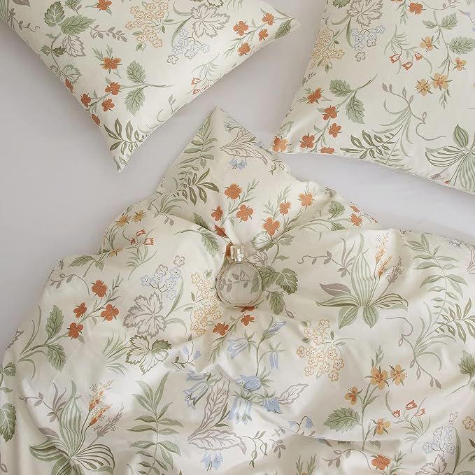 mixinni Floral Duvet Covers King Size Botanical Flower Leaf Printed on White Bedding Duvet Cover Set with Zipper Closure Ties for Him and Her 1 Duvet Cover with 2 Pillowcases-(3pcs, King Size)