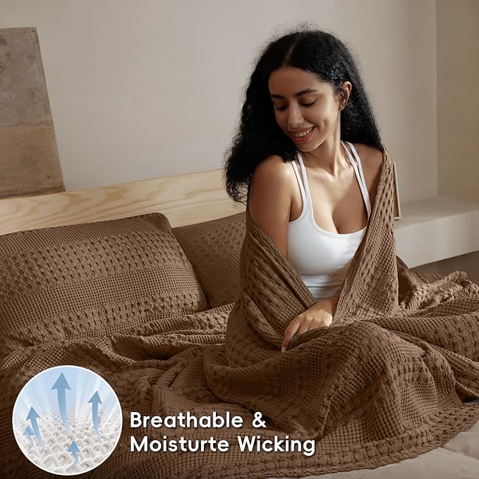 PHF Lightweight 100% Cotton Waffle Blanket for Bed, Twin XL, Chocolate | Pre-Washed Soft Cotton Comfort, Breathable Layering Warmth for Fall & Winter, Couch & Guest Room, Couch, Home Decor & Gifts