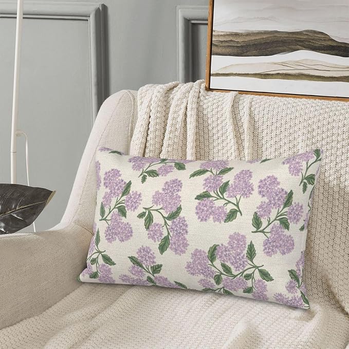 Purple Pink Pillow Covers 12x20 Inch 2 Pcs Green Hydrangea Flower Decor Throw Pillows Vintage Floral Seasonal Spring Summer Outdoor Decoration Pillowcase Linen Cushion Cover for Couch Sofa