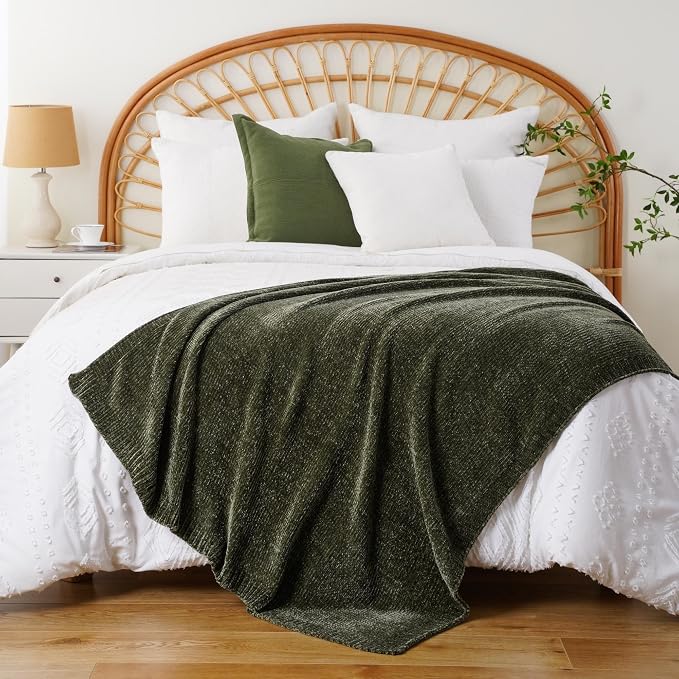 Olive Green Chenille Throw Blanket for Couch, Cozy Knit Throw Blanket 51x67 | Shiny Chenille Blanket, Super Soft Dark Green Blankets Knitted Blankets for Bed Sofa Home Decor