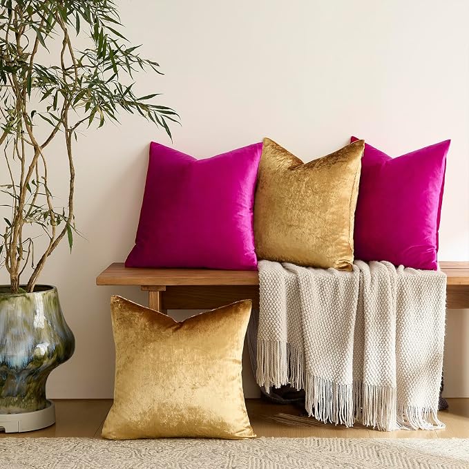 GIGIZAZA Pack of 4 Decorative Velvet Pillow Covers 18x18 Hot Pink Gold | Throw Pillows for Couch Sofa,280gsm Soft Textured Fabric,Modern Accent Pillowcases,Luxury Living Room Cushion Covers