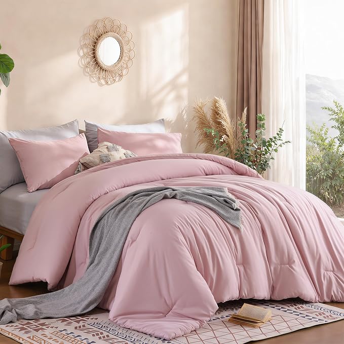 weigelia Pink Comforter Set Full Size, All Season Lightweight Bedding Set | Soft Microfiber Full Comforter Set, Machine Washable, Solid Color Bed Set (1 Comforter, 2 Pillowcase)