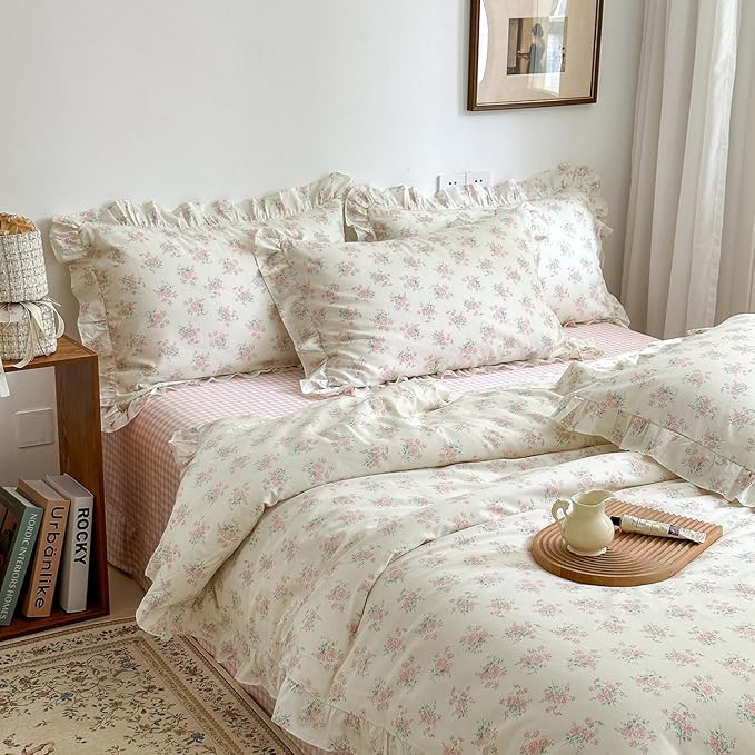 mixinni Pink Floral Duvet Cover Set Queen Size - 100% Cotton Ruffle Lace Bedding Set for Girls, Romantic Cottagecore Style Duvet Cover with Zipper Closure, Soft Aesthetic Princess Bedding-Queen