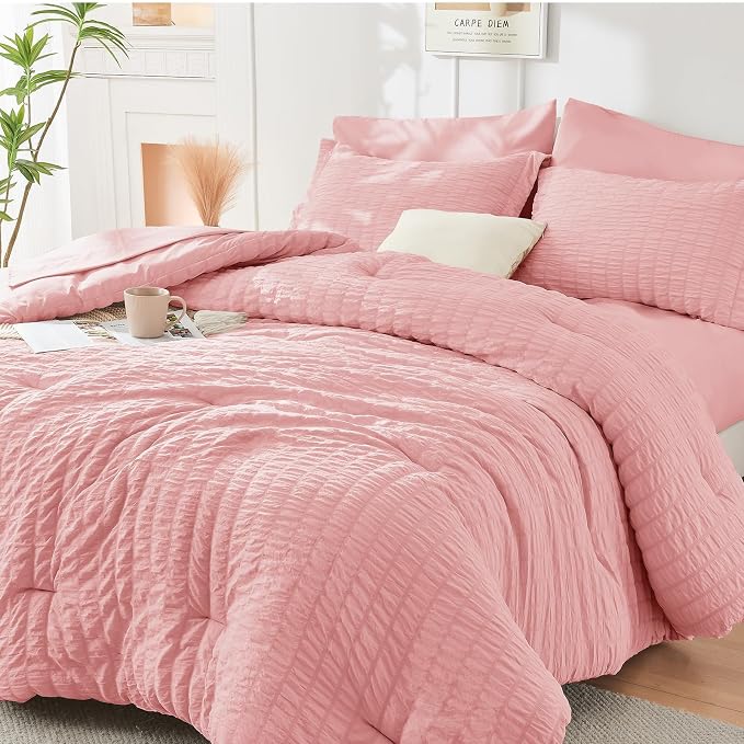 HYMOKEGE Rose Pink King Size Comforter Set Seersucker 7 Pieces, All Season Luxury Bed in a Bag for Bedroom, Bedding Set with Comforter, Sheets, Pillowcases & Shams