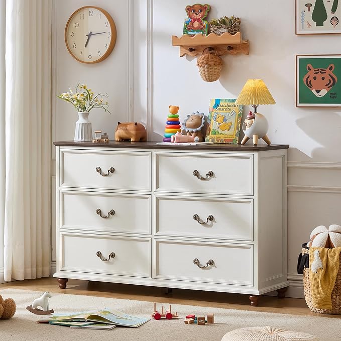 Joaxswe Farmhouse 6 Drawers Dresser for Bedroom, Vintage 54" Wide Chest of Drawers w/ 4 Wooden Legs, Rustic Large Closet Storage Dressers Organizer for Hallway, Wood TV Stand for Living Room, White